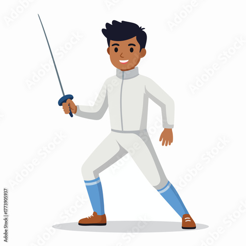 Cartoon illustration of a fencer in white uniform holding a foil, ready for action.