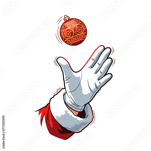 A santa hand in white glove tossing a red and gold christmas ornament on a white background art