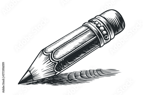 Sharpened graphite pencil with textured wood and eraser