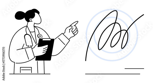 Doctor holding a clipboard and pointing at a signed document, symbolizing approval, agreement, and validation. Ideal for healthcare, contracts, authorization, validation, decision-making medicine