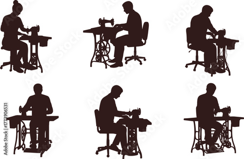 "Silhouette of tailors working on vintage sewing machines, people sewing clothes, garment workers, textile craftsmanship, handmade tailoring, creative fashion design"