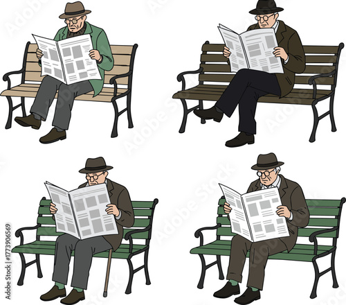 PrintElderly man reading newspaper on park bench, senior lifestyle, retirement relaxation, vintage style illustration, peaceful morning routine, outdoor leisure, calm atmosphere