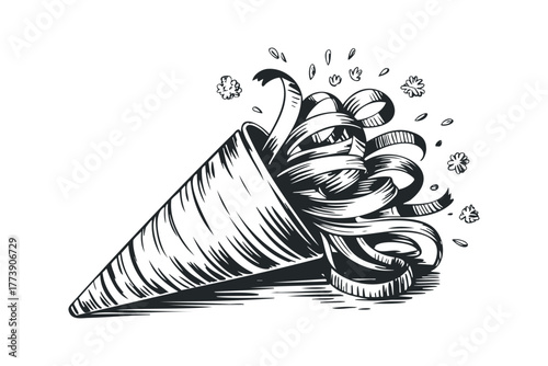 Confetti filled party horn with swirling streamers