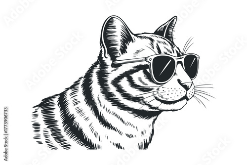 Striking black and white sketch of a tabby cat wearing sunglasses