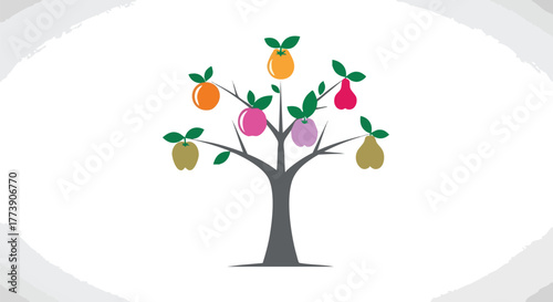 A stylized illustration depicts a fruit tree laden with various colorful fruits, set against a soft, textured, and blurred white background, creating a whimsical and eye-catching design.