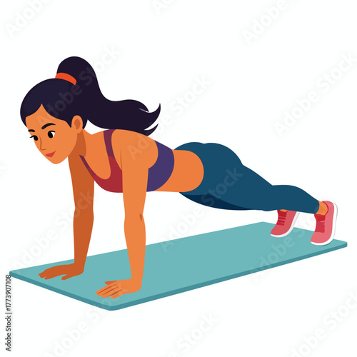 A woman with dark hair in a ponytail is doing push-ups on a blue exercise mat.