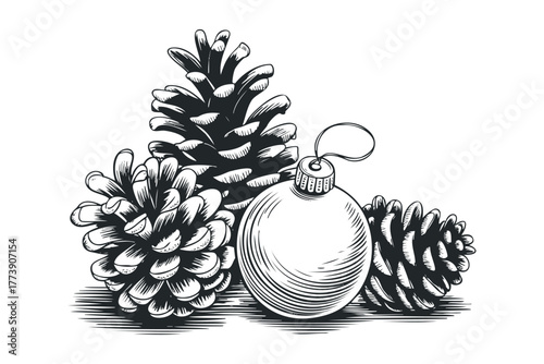 Christmas ornament and pine cones woodcut style