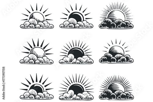 Sun partially obscured by clouds with radiating beams