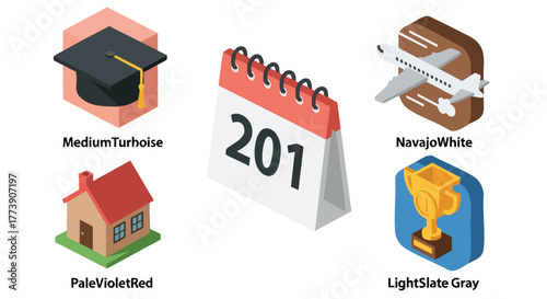 Isometric illustrations depict various concepts, including education, time management, travel, home ownership, and achievement, all represented with vibrant colors and clean lines on a white