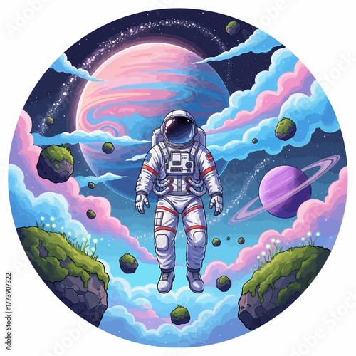 Astronaut Floating in Space with Planets and Clouds