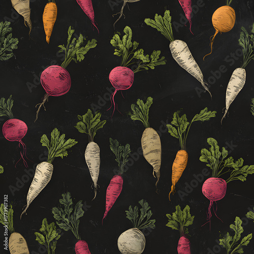 Rustic seamless pattern of hand-drawn garden vegetables, featuring carrots, beets, and radishes on a dark chalkboard background