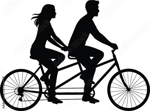 Silhouette of a couple riding a tandem bicycle, isolated on white background.