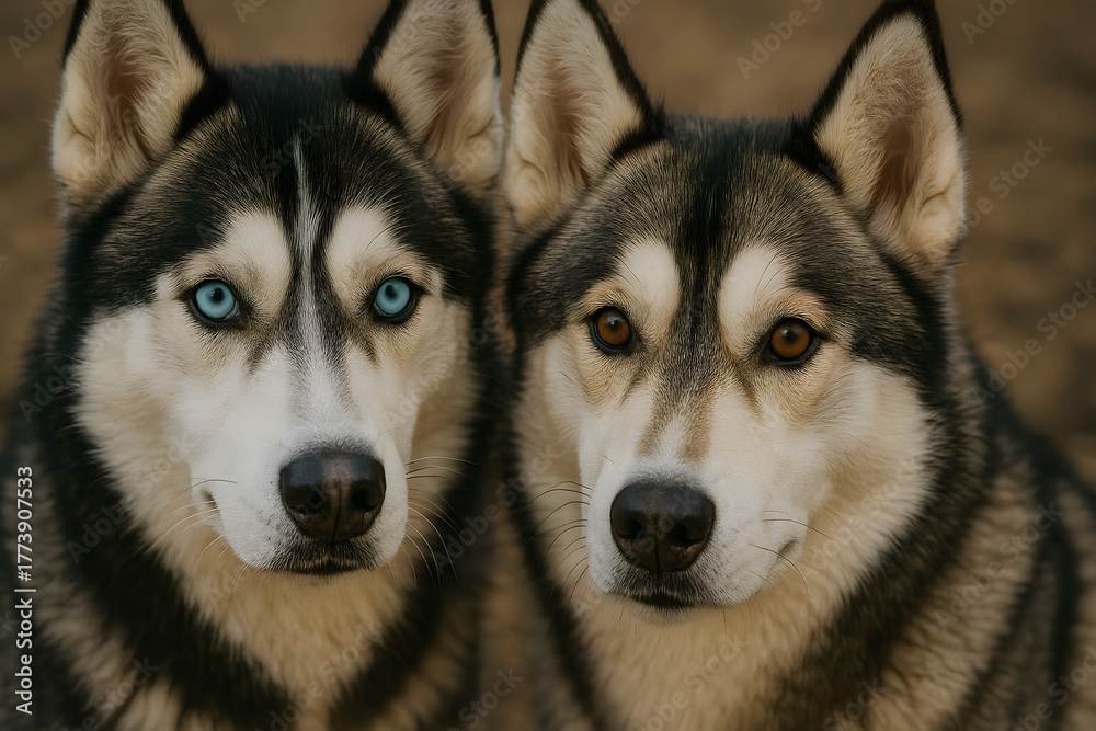 Obraz premium Two Siberian Huskies looking at camera, close up portrait of beautiful dogs with blue and brown eyes, loyal animal companions concept, intelligent pet breed, domestic canine face expression outdoors