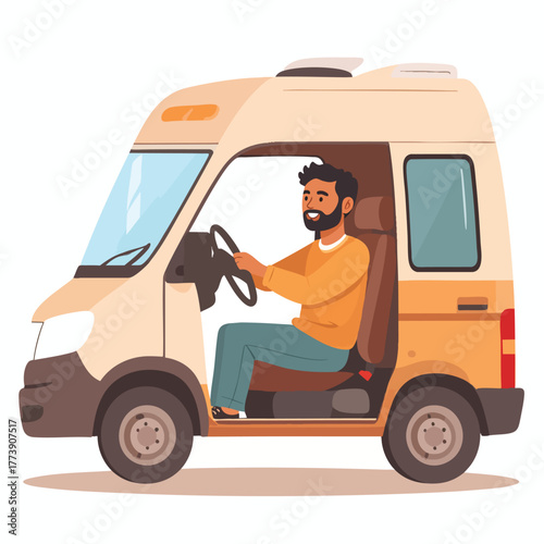 A smiling man drives a beige campervan, holding the steering wheel, ready for travel.