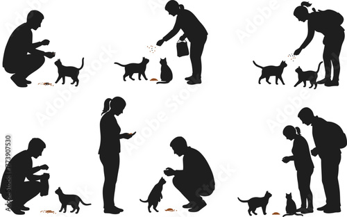 "Silhouette of people feeding stray cats, kindness to animals, pet care, street cat compassion, human and animal friendship illustration"
