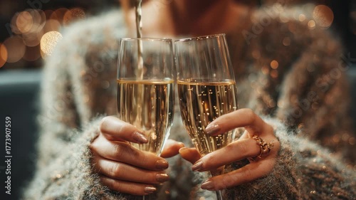A woman holds and clinks two champagne flutes, with sparkling wine being poured, symbolizing celebration and joy. The warm, festive background enhances the luxurious and cheerful vibe