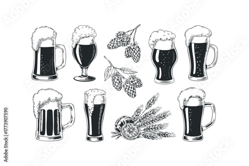 Set of Hand-Drawn Beer Mugs and Brewing Ingredients