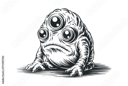 Grotesque creature with three eyes and wrinkled skin