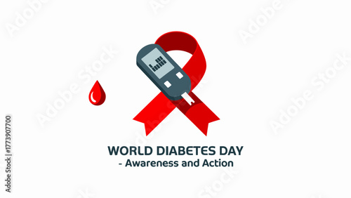 World Diabetes Day Awareness Illustration Featuring Blood Glucose Meter and Red Ribbon Symbolizing Support and Hope on White Background