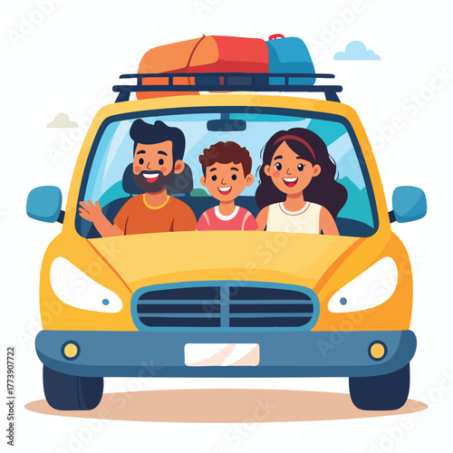 Family driving in a yellow car with luggage on top, smiling and waving, enjoying a road trip.