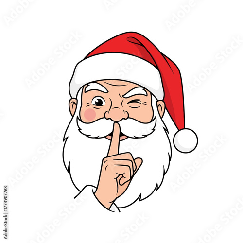 A cartoon santa claus winking with a finger to his lips indicating silence on a white background