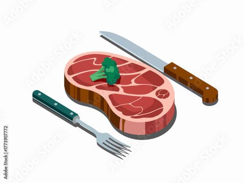 Steak with broccoli served with a fork and knife ready for dinner healthy food concept illustration