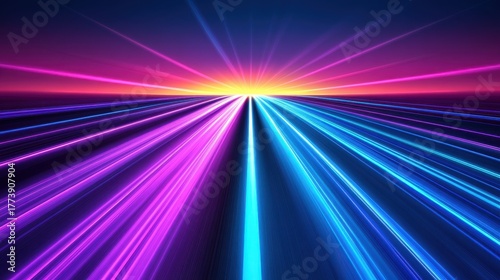 Long, straight lines of light in shades of blue and pink converge towards a bright yellow and orange horizon, resembling a futuristic road towards sunset