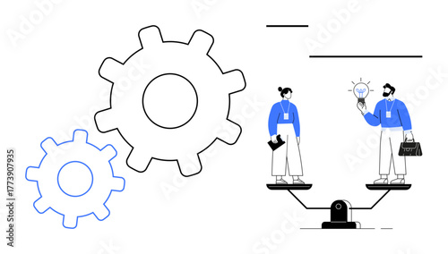 Two professionals on weighing scales, one holding a lightbulb, symbolizing innovation, with industrial gears nearby. Ideal for balance, teamwork, innovation, decision-making, collaboration