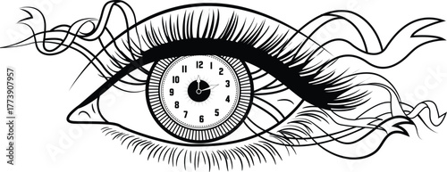 Surreal illustration of a human eye with a clock face as the iris and flowing ribbons, symbolizing awareness and time