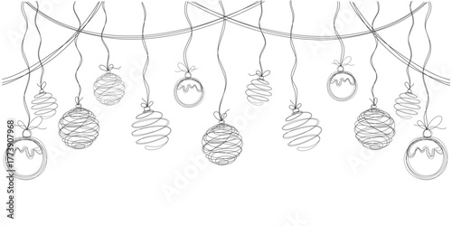 christmas vector line art decoration. hanging balls doodle illustration