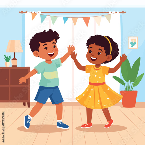 Two smiling children, a boy and a girl, are happily dancing together in a brightly decorated room.