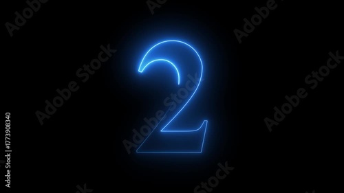 Abstract glowing Neon 2 number educational mathematics text icon animation on black background. a dynamic motion and glowing neon number countdown icon animation.