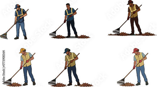 "Workers raking leaves outdoors, cleaning park or garden, seasonal maintenance, fall cleanup, outdoor labor, landscaping worker illustration"