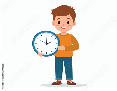 Young boy holding a large clock, smiling, on a white background.