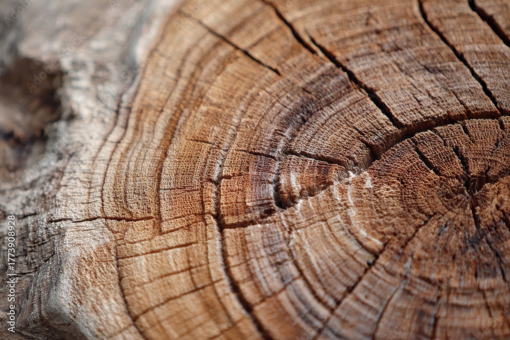 Fototapeta premium Close-up of tree cross-section revealing textured annual rings with rich brown and beige shades, showcasing smooth wood surface, intriguing cracks, and blurred background accentuating focal point
