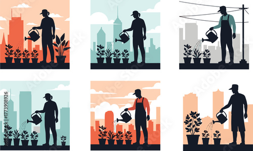 "People watering plants in city, urban gardening concept, eco-friendly lifestyle, sustainable living, home gardening on rooftop balcony"