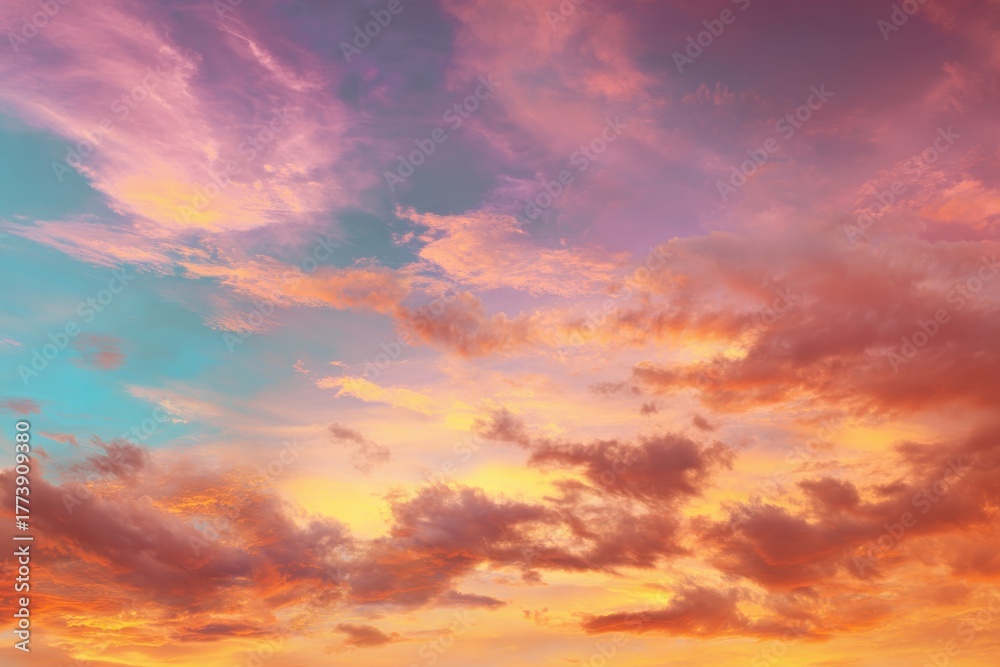Fototapeta premium Beautiful sunset with vibrant colors and clouds, blending pink, purple, and orange hues, evoking serenity and harmony in nature's stunning landscape. Perfect for relaxation themes and art projects