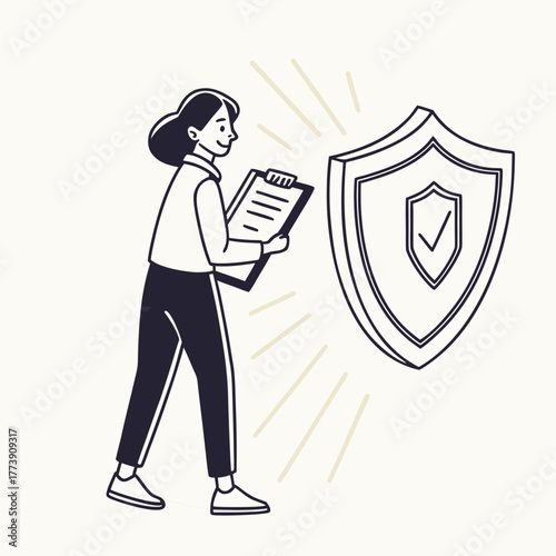 A person holding a clipboard reviews a large shield with a checkmark symbolizing security protection and verification in a minimalist illustration style