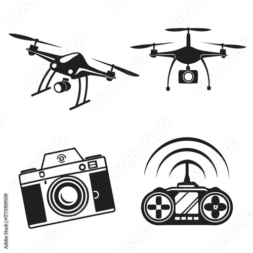 Collection of four black silhouette icons representing modern technology including two different drones with cameras a vintage camera and a remote control with signal waves