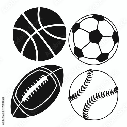 Collection of four iconic sport balls including a basketball soccer ball american football and baseball rendered as simple black silhouettes on a white background