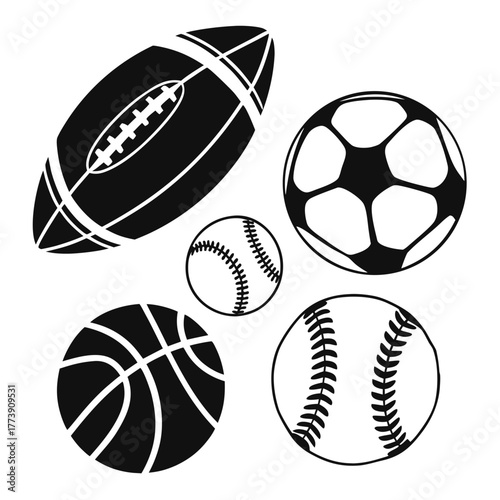 Collection of five distinct sports balls including a black and white american football soccer ball basketball and two baseballs arranged in a scattered pattern on a white background