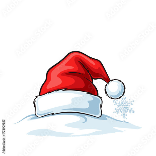 A cartoon santa hat with white fur trim resting on a pile of snow with a snowflake decoration nearby