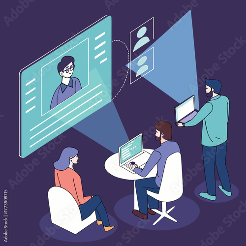 Diverse team collaborating remotely through video conference and digital screens discussing project ideas and sharing information online in a modern workspace