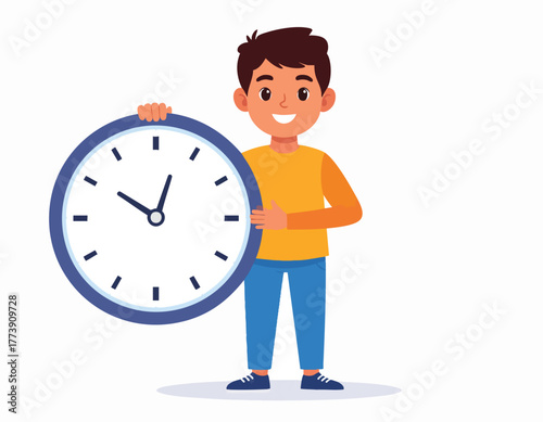 A smiling boy holding a large clock, indicating the passage of time.