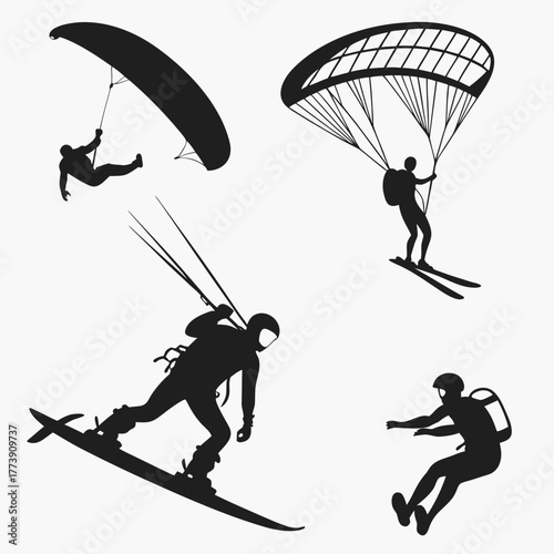 Dynamic silhouettes of extreme sports athletes including paragliding snowboarding kitesurfing and ski parachuting capturing the thrill of adventure and aerial sports