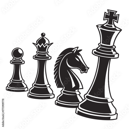 Iconic black chess pieces including a pawn bishop knight and king arranged in a line on a white background representing strategy and competition