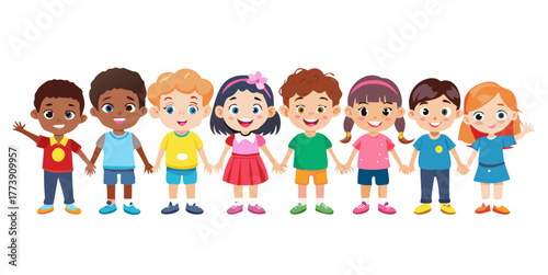 Group of elementary or kindergarten little children. Diverse multinational school children. Happy school kids boys and girls of different race. Vector characters clipart illustration isolated.