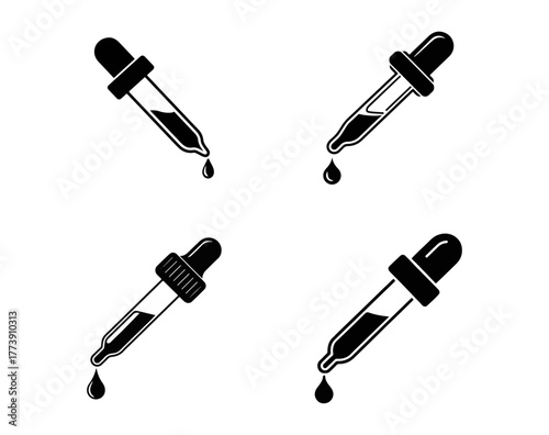 Set of black and white dropper icons with liquid, featuring a pipette, ideal for medical, scientific, and cosmetic applications and procedures