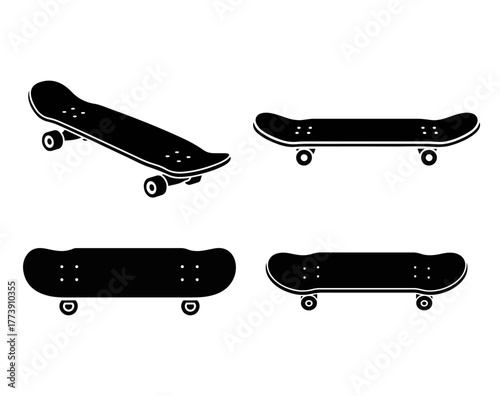 A collection of black skateboard silhouettes from various perspectives. Vector icon set representing urban street culture, youth recreation, and extreme sports equipment