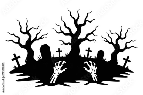 Spooky Halloween Scene Zombie Hands Emerging from Grave with Graveyard Silhouette